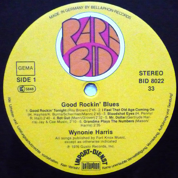 Image of Label Cover of 3615385C: LP - WYNONIE HARRIS, Good Rockin' Blues (Bellaphon; BID 8022, Germany 1976 Reissue) Record very slightly warped. Sleeve lightly worn and has sticker ghost on reverse  VG/VG