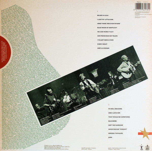 Image of Back Cover of LP - VG+/VG - PAUL MCCARTNEY, Unplugged - The Official Bootleg (Parlophone; 7964131, UK 1991, Numbered Limited Edition), Small pressing flaw at the end of A1 that clicks. Limited edition number 02187.,  - 2716526C