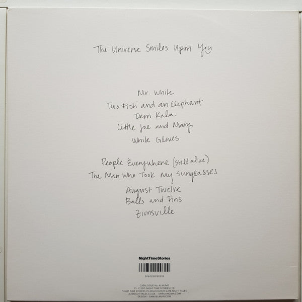 Image of Back Cover of LP - VG+/VG+ - KHRUANGBIN, The Universe Smiles Upon You (Night Time Stories; ALNLP40, UK 2015, Gatefold, Print, 180 Gram White Vinyl, Ltd to 2000, Hand Numbered on hype sticker), No. 1072, not in shrinkwrap but sticker included,  - 3446176S