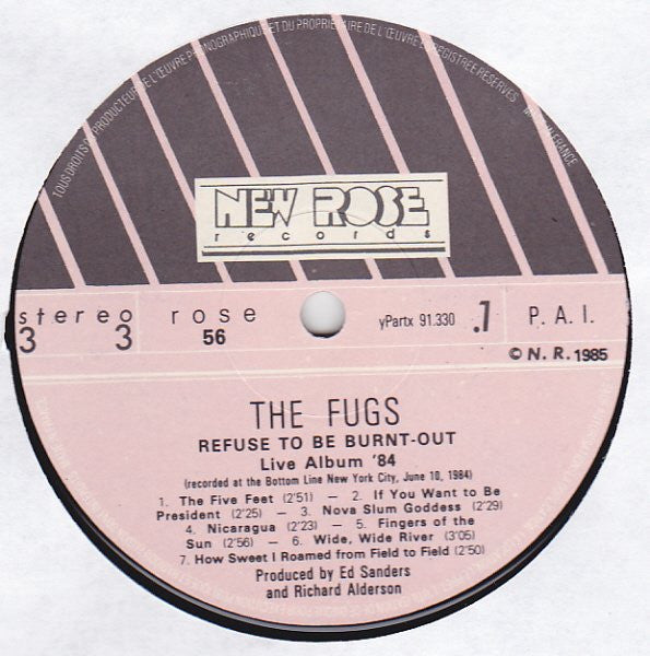 Image of Label Cover of LP - VG+/VG+ - THE FUGS, Refuse To Be Burnt-Out (Live Album '84) (New Rose Records; ROSE 56, France 1985, Inner), ,  - 1816193C