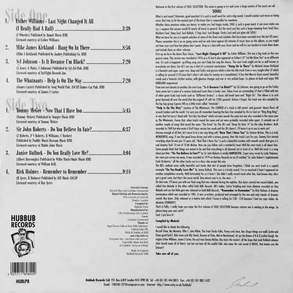 Image of Back Cover of LP - VG/VG - VARIOUS, Soul Selection (Hubbub; HUBLP8, UK 1996, Picture Sleeve), Strong VG, Great Soul/Disco comp featuring Esther Williams, Mike James Kirkland, The Whatnauts, Tommy McGee, Rick Holmes and more. - 0726002E