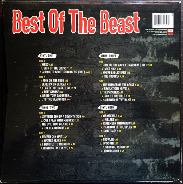 Image of Back Cover of 4xLP - VG+/VG - IRON MAIDEN, Best of the Beast (EMI; 8531185, UK 1996, Box Set, Booklet & 4 Inners), Discs 2, 3 and 4 are actually VG+ and only Disc 1 is VG. Booklet is VG+. Box is VG+ with a little edgewear. ,  - 2426044E