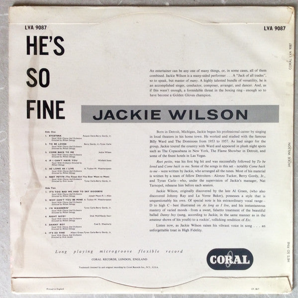 Image of Back Cover of LP - G+/G - JACKIE WILSON, He's So Fine (Coral; LVA 9087, UK 1958), Sleeve has seam split on top, staining, edgewear, creases. Vinyl has lots of light marks.,  - 3725051E
