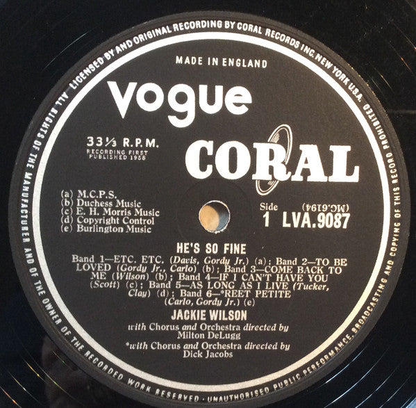 Image of Label Cover of LP - G+/G - JACKIE WILSON, He's So Fine (Coral; LVA 9087, UK 1958), Sleeve has seam split on top, staining, edgewear, creases. Vinyl has lots of light marks.,  - 3725051E