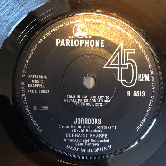 Image of Front Cover of 3725098E: 7" - BERNARD SHARPE, Jorrocks / Lost In Space (Parlophone ; R 5519, UK 1966, Company Sleeve) Split Seam  VG/EX