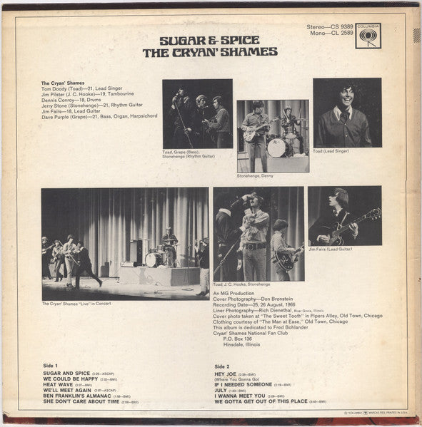 Image of Back Cover of LP - VG+/VG - THE CRYAN' SHAMES, Sugar & Spice (Columbia; CS 9389, US 1960s Reissue, Pasteback Sleeve, 1H Runouts), Great, crisp sleeve, Vinyl is strong VG, Just a few light hairlines,  - 3715142C