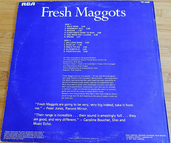 Image of Back Cover of 3625326E: LP - FRESH MAGGOTS, Fresh Maggots (RCA Victor; SF 8205, UK 1971, Laminated Front Sleeve) Edge and Ringwear and Minor Damp Damage, Plays With Some Surface Noise  G+/G+