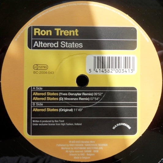 Image of Front Cover of 12" EP - VG/VG - RON TRENT, Altered States (Bonzai Classics; BC-2004-043, Belgium 2004, Company Sleeve), , A1	Altered States (Yves Deruyter Remix)A2	Altered States (DJ Vincenzo Remix)B	Altered States (Original Mix) - 3715250C