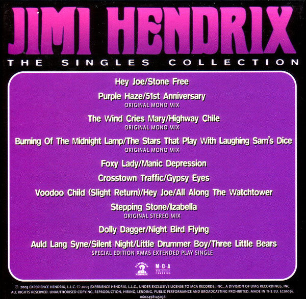 Image of Back Cover of 3755041S: 10xCDs - JIMI HENDRIX, The Singles Collection (MCA Records; 0602498145036, Europe 2003, Box Set, Booklet) SEALED  VG+/VG+