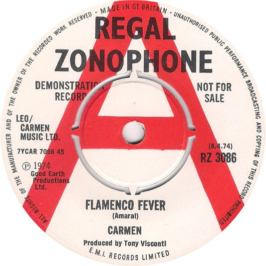 Image of Front Cover of 3725167E: 7" - CARMEN, Flamenco Fever / Lonely House (Regal Zonophone ; RZ 3086, UK 1974, A Label Demo) Slight Warp Which Does Not Affect Play  /VG