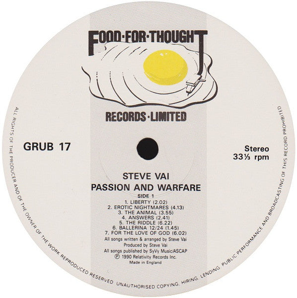 Image of Label Cover of LP - VG/G+ - STEVE VAI, Passion & Warfare (Food For Thought; GRUB17, UK 1990, Inner), Light marks and a bit of mottling, Light sleeve wear. ,  - 2516098C