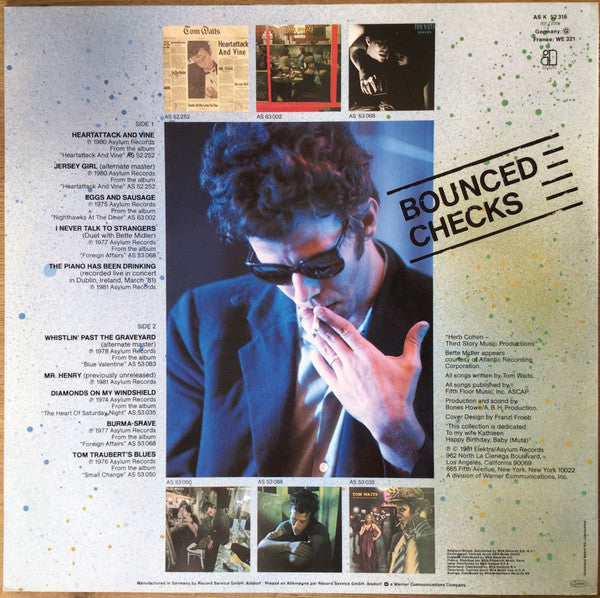 Image of Back Cover of LP - VG/G+ - TOM WAITS, Bounced Checks (Asylum Records; AS K 52 316, Europe 1980s Reissue, A4/B4 Strawberry Matrices), Long light hairline marks, Prime cuts sticker on front ,  - 3316214C