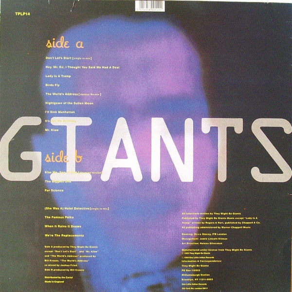 Image of Back Cover of 3725270E: 12" - THEY MIGHT BE GIANTS, Don't Let's Start (One Little Indian; TPLP14, UK 1989, Inner)   VG/VG