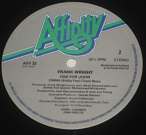 Image of Label Cover of LP - VG/VG+ - FRANK WRIGHT, One For John (Affinity; AFF 33, UK 1979 Reissue), ,  - 2816195C