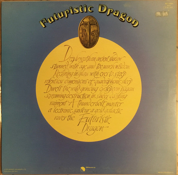 Image of Back Cover of 3715460C: LP - T. REX, Futuristic Dragon (T. Rex; BLN 5004, UK 1976, No Inner, No Made in Gt. Britain at Bottom of Labels) One small pressing defect that does not sound, Clean disc and sleeve  VG+/VG