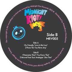 Image of Front Cover of 12" - /G+ - VARIOUS, Midnight Riot! Volume 3 (Midnight Riot Recordings; MRV005, UK 2013), Light Marks only., A1 Ex Friendly   Love Is Not LostA2 Peza   Do You Have AnyB1 Panorama   Don't You Know ThatB2 Inkswel Feat Suzi Analogue   Like That - 3725328E