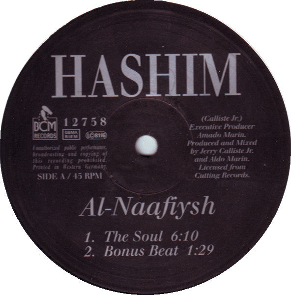 Image of Back Cover of 12" - VG/G+ - HASHIM, Al-Naafiysh (The Soul) (BCM Records; BCM 12758,  1990), Light ring wears on vinyl, plays VG,  - 4346040S