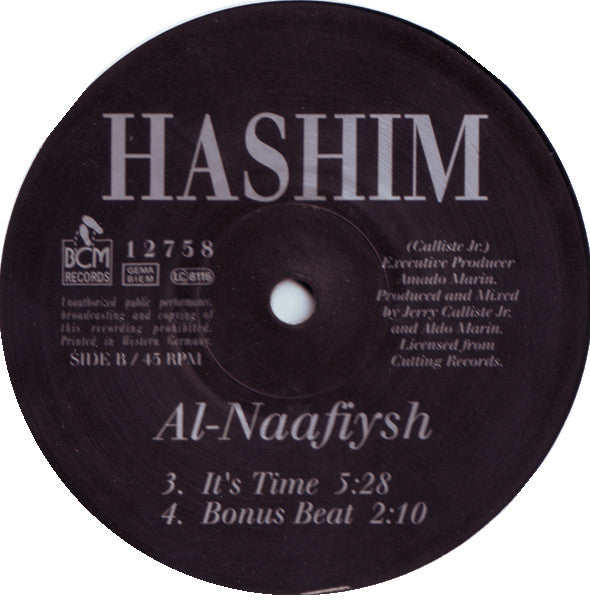 Image of Label Cover of 12" - VG/G+ - HASHIM, Al-Naafiysh (The Soul) (BCM Records; BCM 12758,  1990), Light ring wears on vinyl, plays VG,  - 4346040S