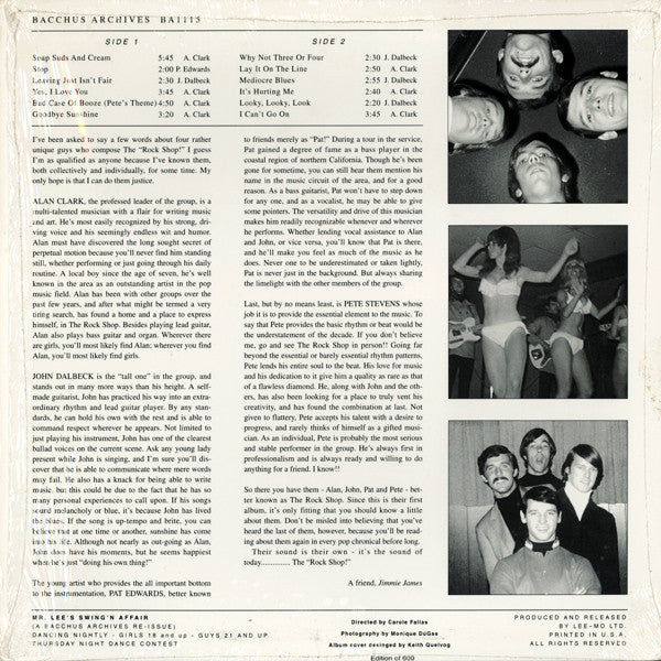Image of Back Cover of LP - EX/VG+ - ROCK SHOP, Mr. Lee's "Swing'n Affair" Presents (Bacchus Archives; BA 1115, US 1997), ,  - 3825098E