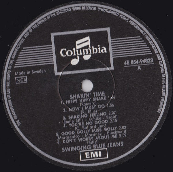 Image of Label Cover of 3825156E: LP - THE SWINGING BLUE JEANS, Shaking Time (Columbia; 4 E 054-94823, Sweden , Mono)   VG+/VG+