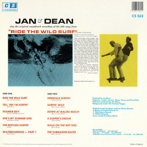 Image of Back Cover of 3815257C: LP - JAN & DEAN, Ride The Wild Surf (C5 Records; C5 562, UK 1990 Reissue) Strong VG  VG/VG