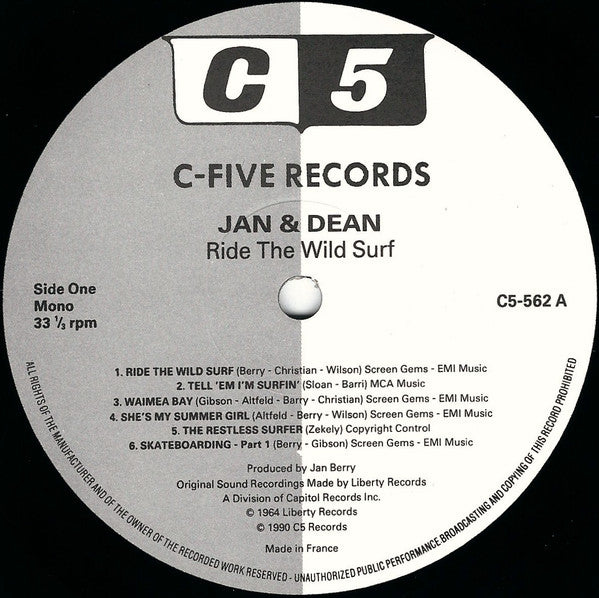 Image of Label Cover of 3815257C: LP - JAN & DEAN, Ride The Wild Surf (C5 Records; C5 562, UK 1990 Reissue) Strong VG  VG/VG