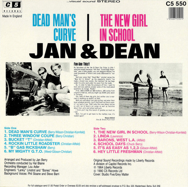 Image of Back Cover of 3815258C: LP - JAN & DEAN, Dead Man's Curve / The New Girl In School (C5 Records; C5 550, UK 1990 Reissue)   VG/VG+