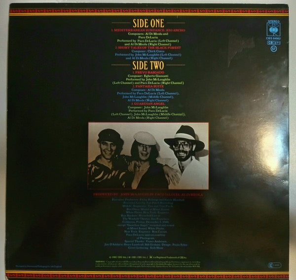 Image of Back Cover of LP - VG/VG+ - JOHN MCLAUGHLIN / AL DI MEOLA / PACO DE LUC A, Friday Night In San Francisco (CBS Sunburst; CBS 84962, UK 1981), ,  - 3826228E