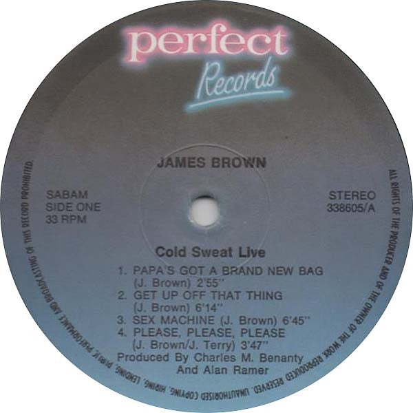 Image of Label Cover of LP - VG/VG+ - JAMES BROWN, Cold Sweat Live! (Perfect Records; 338605, Belgium 1986), ,  - 3815296C