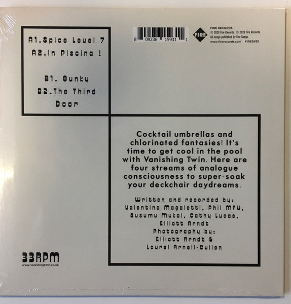 Image of Back Cover of 3855110S: 7" - VANISHING TWIN, In Piscina ! (Fire Records; FIRE593S, UK 2020, Stickered Picture Sleeve, Blue Vinyl)   EX/EX
