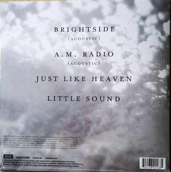 Image of Back Cover of 3845153S: 10" EP - THE LUMINEERS, Brightside (Acoustic) (RSD 2022) (Decca; 43840163, UK 2022, Black with White Splatter Vinyl) Still in opened stickered shrinkwrap  VG+/VG+