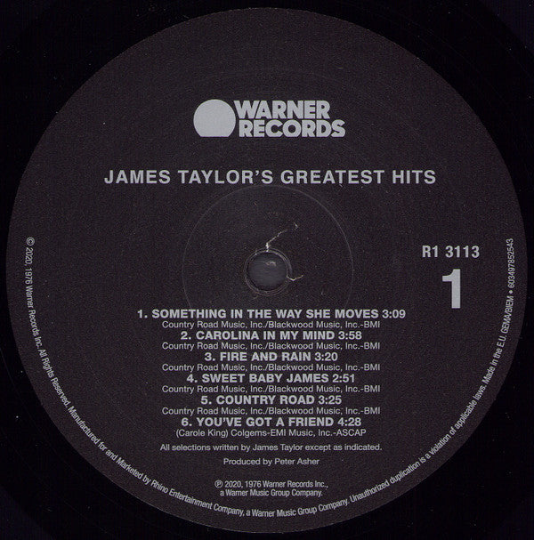 Image of Label Cover of LP - EX/VG+ - JAMES TAYLOR, James Taylor's Greatest Hits (Warner Records; R1 3113, UK, Europe & US 2020 Reissue, Gatefold In Stickered Shrinkwrap, Inner, 180 Gram Vinyl), ,  - 4426066E