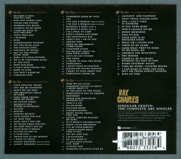 Image of Back Cover of 5xCD - VG+/VG+ - RAY CHARLES, Singular Genius (The Complete ABC Singles) (Concord Records; CRE-33258, US 2011, Box Set), ,  - 3835133E