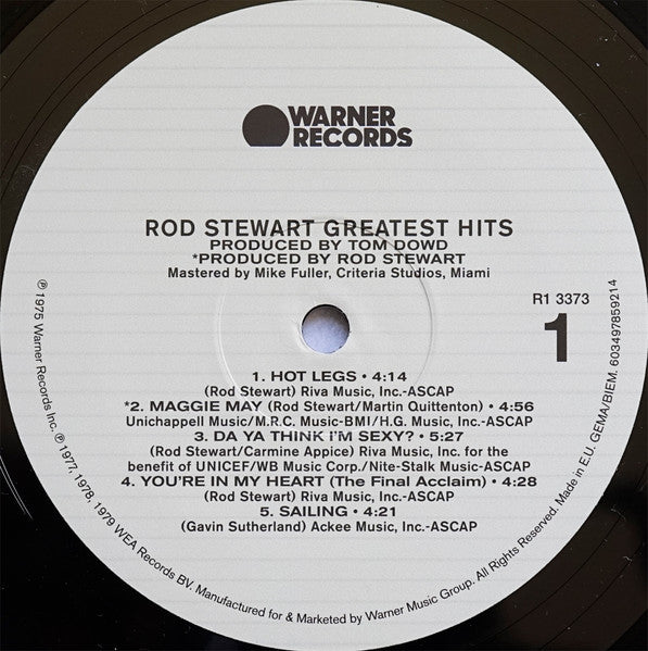 Image of Label Cover of LP - EX/EX - ROD STEWART, Greatest Hits Vol. 1 (Warner Bros. Inc.; R1 3373, Europe 2022 Reissue, Inner), Opened Instore, Still In Shrinkwrap,  - 3845193S