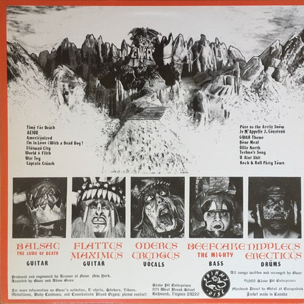 Image of Back Cover of LP - VG/VG - GWAR, Hell-O! (Shimmy Disc; SHIMMY 010, US 1988, Lyric Sheet Insert, Blue Labels. No Cartoon Insert.), Strong VG copy. Hairlines. Corner bumps and light edge wear.,  - 3825435E