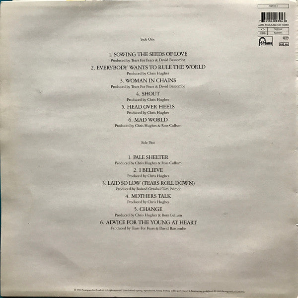 Image of Back Cover of LP - VG+/VG+ - TEARS FOR FEARS, Tears Roll Down (Greatest Hits 82-92) (Fontana; 510 939-1, UK 1992, Inner), ,  - 4246015S
