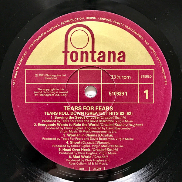 Image of Label Cover of LP - VG+/VG+ - TEARS FOR FEARS, Tears Roll Down (Greatest Hits 82-92) (Fontana; 510 939-1, UK 1992, Inner), ,  - 4246015S