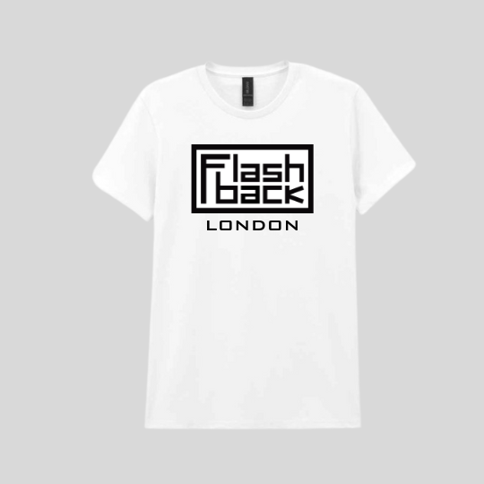 Image of Front Cover of Accessories - NEW/NEW - FLASHBACK LOGO T-SHIRT, London Black Logo On White Shirt - S, WOMENS (; 1535050, UK 2025, Gildan Heavy Cotton, SMALL WHITE WOMENS), ,  - 3835141E