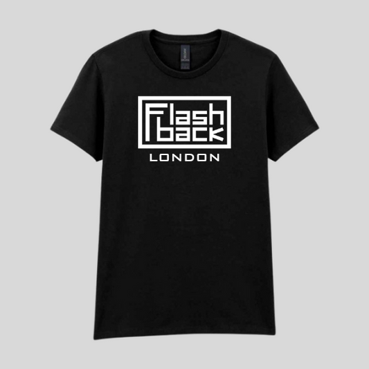 Image of Front Cover of Accessories - NEW/NEW - FLASHBACK LOGO T-SHIRT, London White Logo On Black Shirt - M, WOMENS (; 3835140, UK 2025, Gildan Heavy Cotton, MEDIUM BLACK WOMENS), ,  - 3815514C