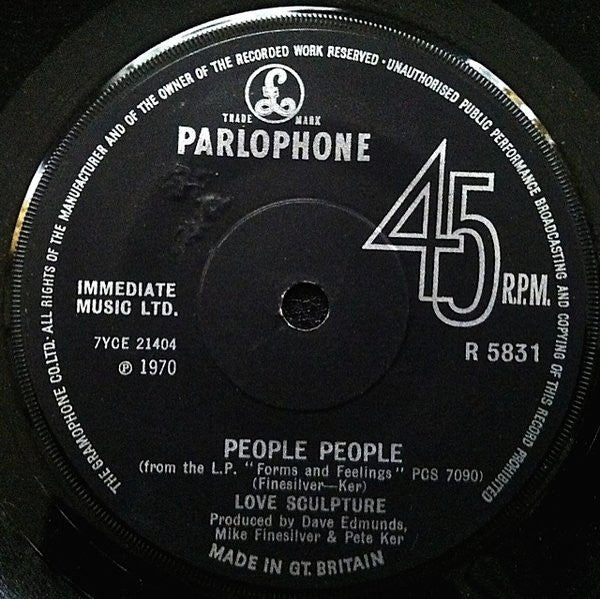 Image of Back Cover of 3825316E: 7" - LOVE SCULPTURE, In The Land Of The Few / People People (Parlophone ; R 5831, UK 1970, Company Sleeve) Strong VG+, "Penny Lane" Written At Top Of Company Sleeve  VG/VG+