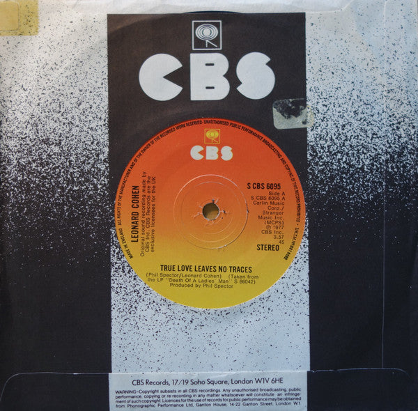 Image of Label Cover of 7" - VG/EX - LEONARD COHEN, True Love Leaves No Traces / I Left A Woman Waiting (CBS ; S CBS 6095, UK 1977, Company Sleeve), Writing On Front Sleeve,  - 3825454E
