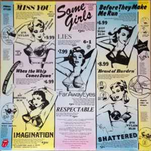 Image of Back Cover of LP - VG/VG - THE ROLLING STONES, Some Girls (Rolling Stones Records; CUN 39108, UK 1978, Die Cut Sleeve (Pastel Colours - Yellow Blue Pink Green), Colour/ Black and White Inner With Lipstick - Uncensored, Ted Jensen Lacquer Cut), ,  - 3116102C