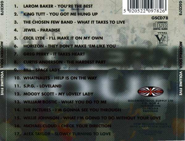 Image of Back Cover of 3935042E: CD - VARIOUS, Modern Soul Volume 5 (Goldmine Soul Supply; GSCD78, UK 1996, Jewel Case, Booklet)   VG+/VG+