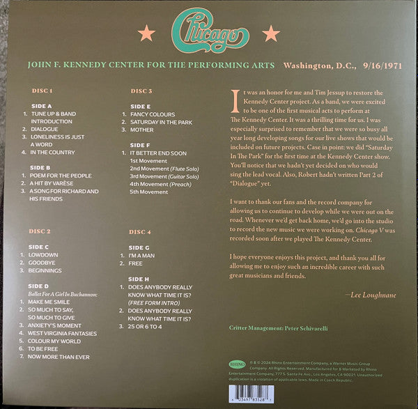 Image of Back Cover of 4xLP - EX/EX - CHICAGO, Chicago At The John F. Kennedy Center For The Performing Arts, Washington D.C. (9/16/1971) (Rhino Records; R1 706223, UK, Europe & US 2024, Quadruple Gatefold), Opened Instore, Still In Stickered Shrinkwrap,  - 3945077S