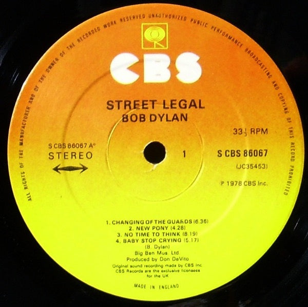 Image of Label Cover of LP - VG/VG+ - BOB DYLAN, Street-Legal (CBS Orange/Yellow "Street Legal" A Side Text "Street-Legal" B Side; CBS 86067, UK 1978, Inner), ,  - 2716177C
