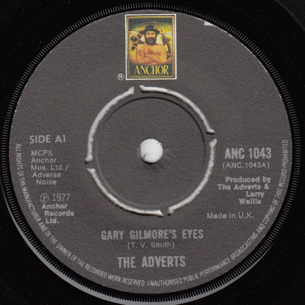 Image of Label Cover of 7" - VG/VG - THE ADVERTS, Gary Gilmore's Eyes / Bored Teenagers (Anchor; ANC 1043, UK 1977, Picture Sleeve, Push Out Centre. A1 / A2, No Text At Top Of Anchor Logo On Labels.), Strong VG, Centre Missing, Tears In Sleeve Opening, Tear On B-Side Label,  - 1826294E