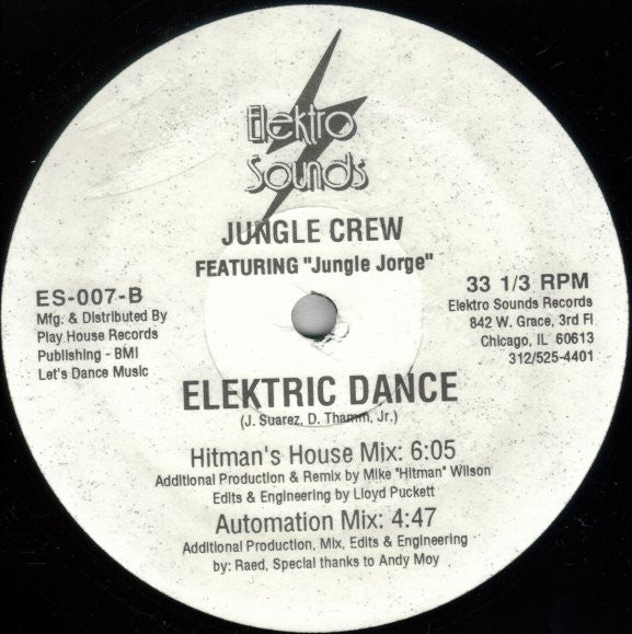 Image of Front Cover of 12" - /G+ - JUNGLE CREW FEATURING JUNGLE JORGE, Elektric Dance (Elektro Sounds; ES-007, US 1989, Stickered plain sleeve), Light marks only, plays VG,  - 3946422S