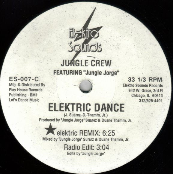 Image of Back Cover of 12" - /G+ - JUNGLE CREW FEATURING JUNGLE JORGE, Elektric Dance (Elektro Sounds; ES-007, US 1989, Stickered plain sleeve), Light marks only, plays VG,  - 3946422S