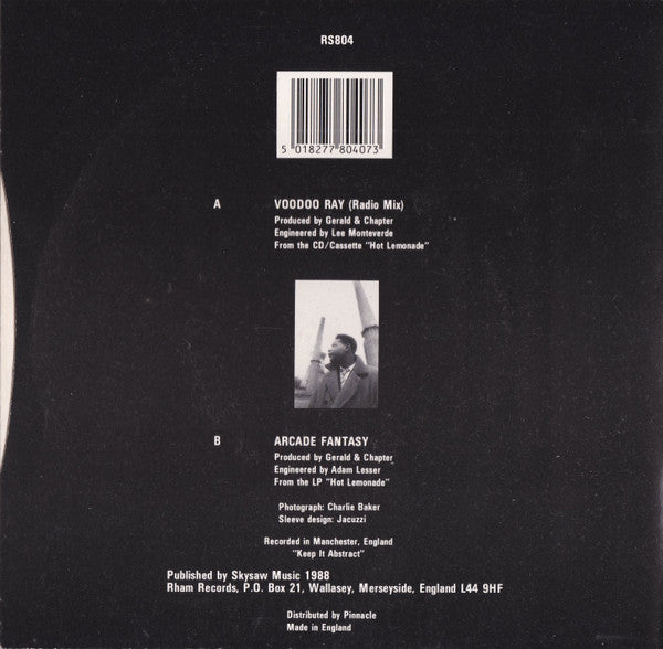 Image of Back Cover of 7" - G+/G - A GUY CALLED GERALD, Voodoo Ray / Arcade Fantasy (Rham!; RS804, UK 1988, Picture Sleeve), B-side has more marks and plays with more crackle. Sleeve has wear, creases, creased corner,  - 2816167C