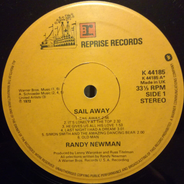 Image of Back Cover of LP - VG/VG+ - RANDY NEWMAN, Sail Away (Reprise Records; K 44185, UK 1970s Reissue, Gatefold), ,  - 3626169E